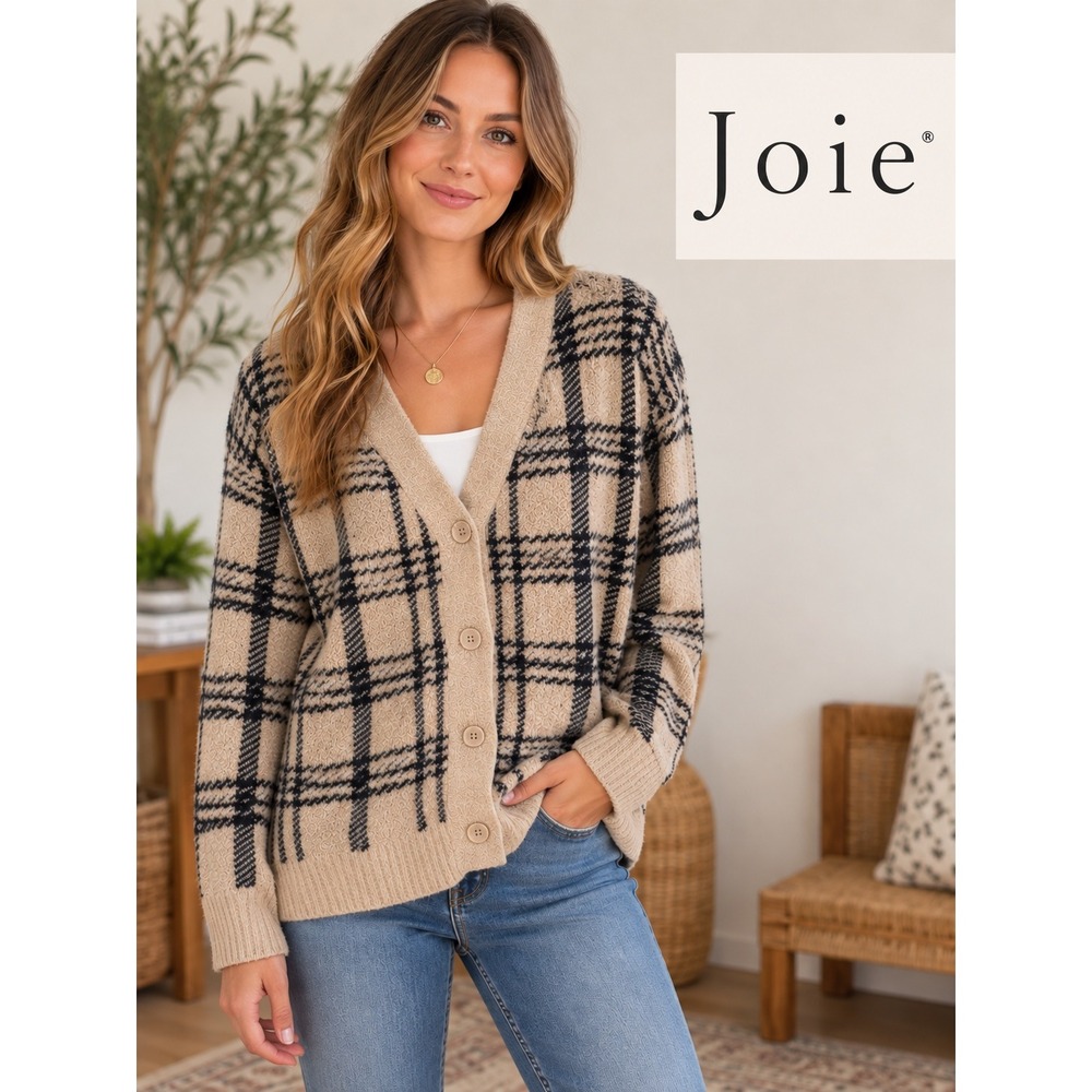 Joie Womens Plaid V-Neck Button Front Cardigan Sweater Beige Black Size Small